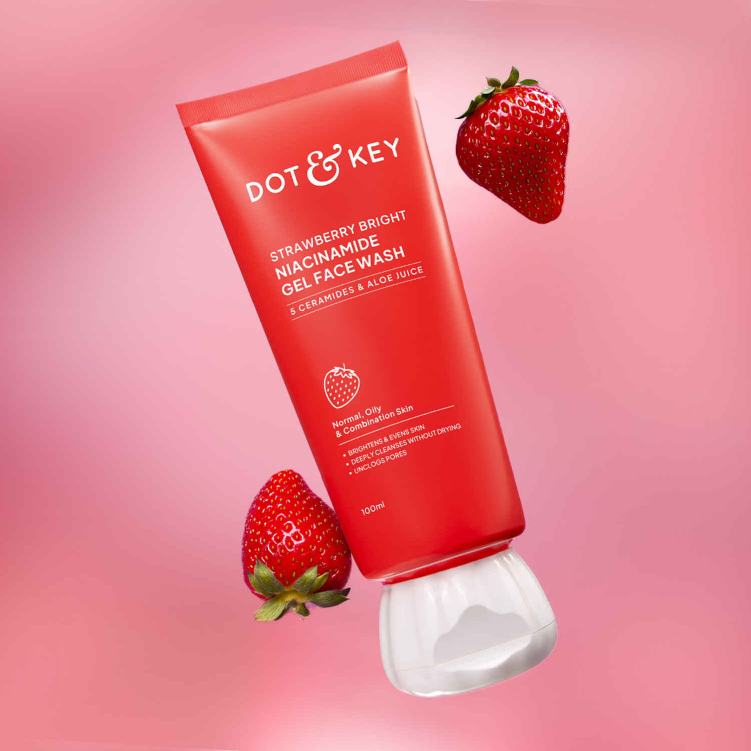 Dot & Key Strawberry Bright Niacinamide Gel Face Wash with 5 Ceramides & Aloe Juice | Brightening & Hydrating Cleanser | 100ml